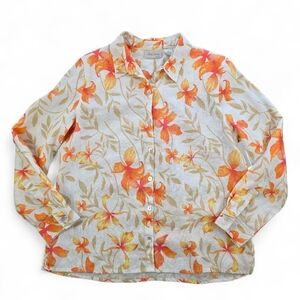 100% Linen Floral Tropical Button-Up Blouse Petite Large Summer Vacation Resort
